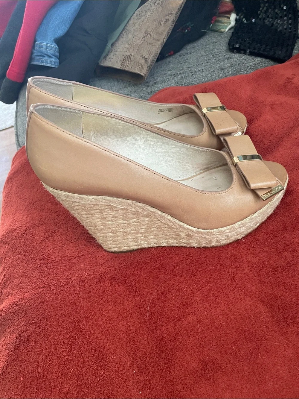 Michael Kors Tan Espadrille Wedge Peep-Toe with Bow Accent